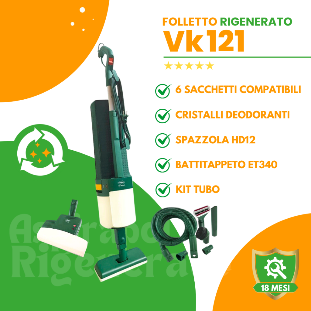 Folletto VK121 con Battitappeto ET340 + Kit Tubo + Sacchetti + Cristalli Deodoranti