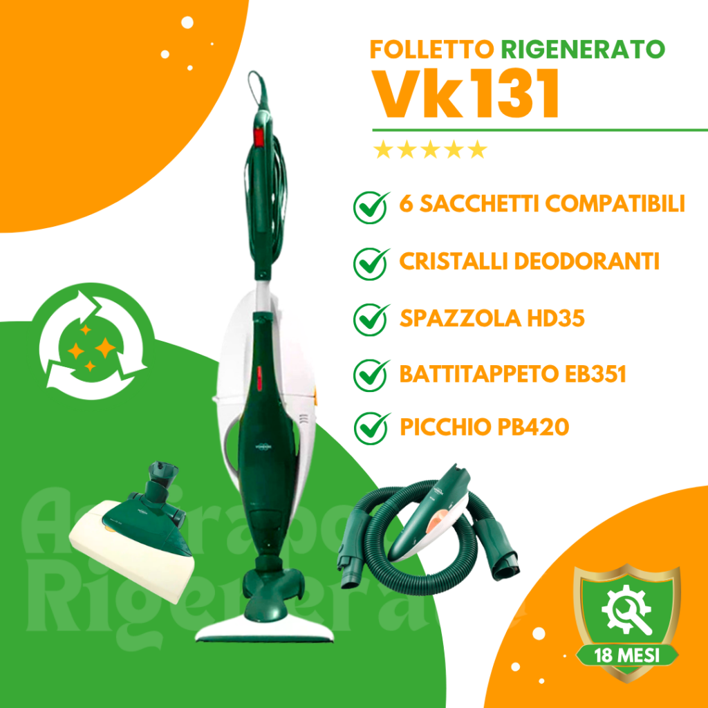 Folletto VK131 con Spazzola HD35 + Battitappeto EB351 + Picchio PB420 + Sacchetti + Cristalli Deodoranti
