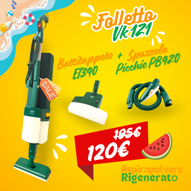 Folletto VK121 con Battitappeto ET340 + Picchio PB420 + Kit Spazzole Pulizia Tappeti + Sacchetti + Cristalli Deodoranti