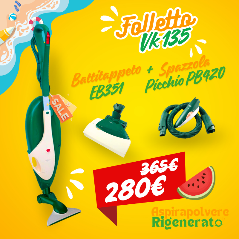 Folletto VK135 con Battitappeto EB351 + Picchio PB420 + Kit Spazzole Pulizia Tappeti + Sacchetti + Cristalli Deodoranti