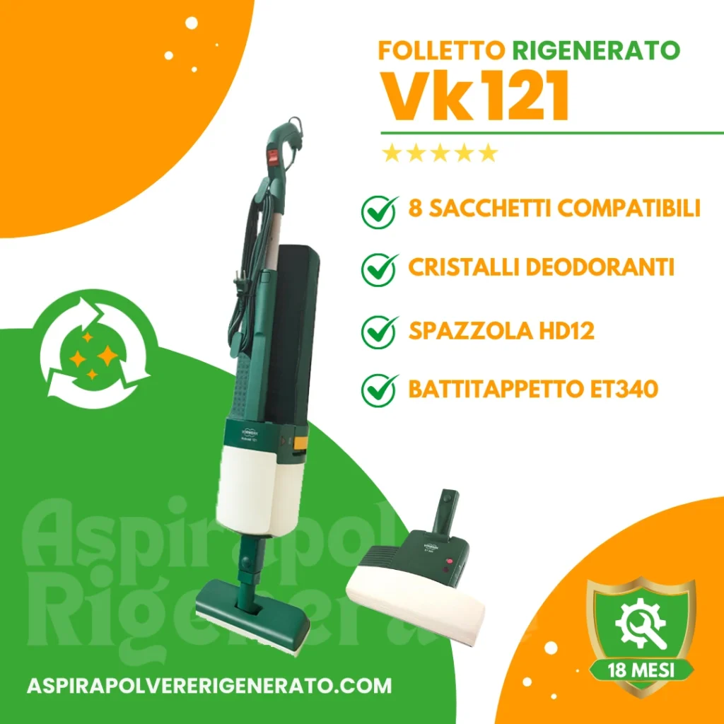 Folletto VK121 con Battitappeto ET340, Sacchetti + Cristalli Deodoranti
