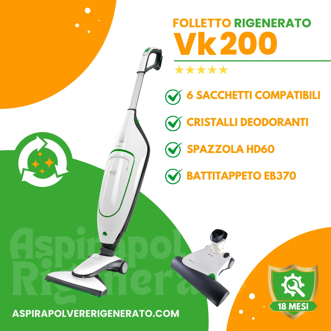 Folletto VK200 con Spazzola HD60 e Battitappeto EB370, Sacchetti e Cristalli Deodoranti Inclusi