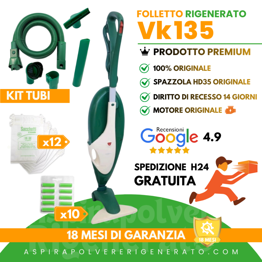 Aspirapolvere Folletto VK135 con Kit Tubi, Sacchetti e Profumi