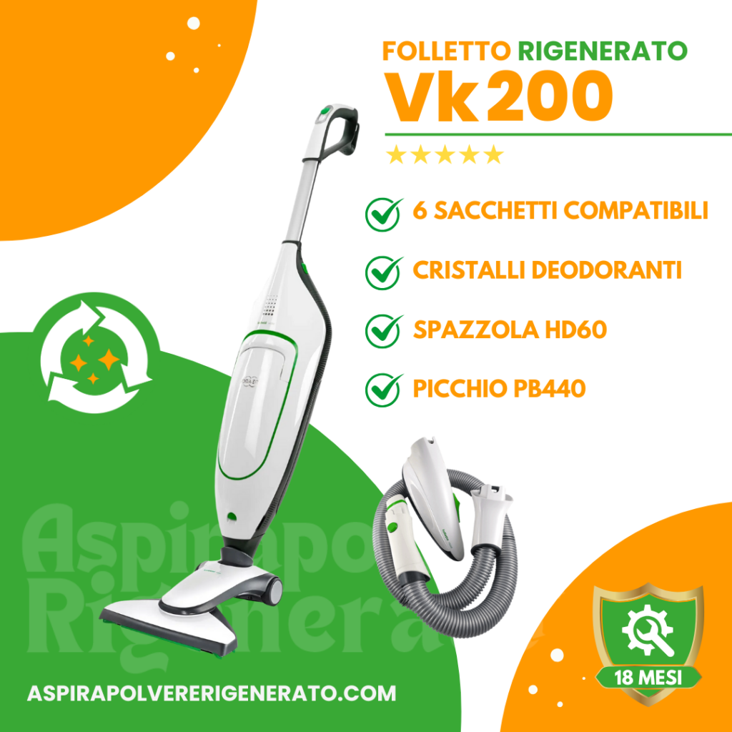 Folletto VK200 con Spazzola Picchio PB440 e Spazzola HD60, Sacchetti e Cristalli Deodoranti Inclusi